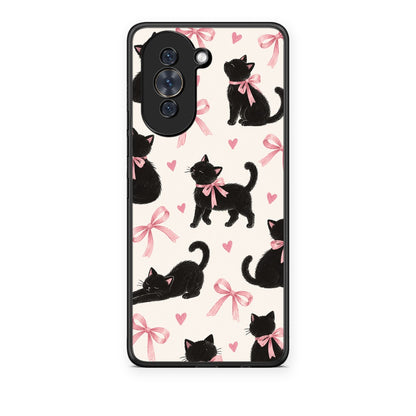 Θήκη Huawei Nova 10 Black Kittens and Pink Bows on Cream Large από τη Smartfits με σχέδιο στο πίσω μέρος και μαύρο περίβλημα | Huawei Nova 10 Black Kittens and Pink Bows on Cream Large case with colorful back and black bezels