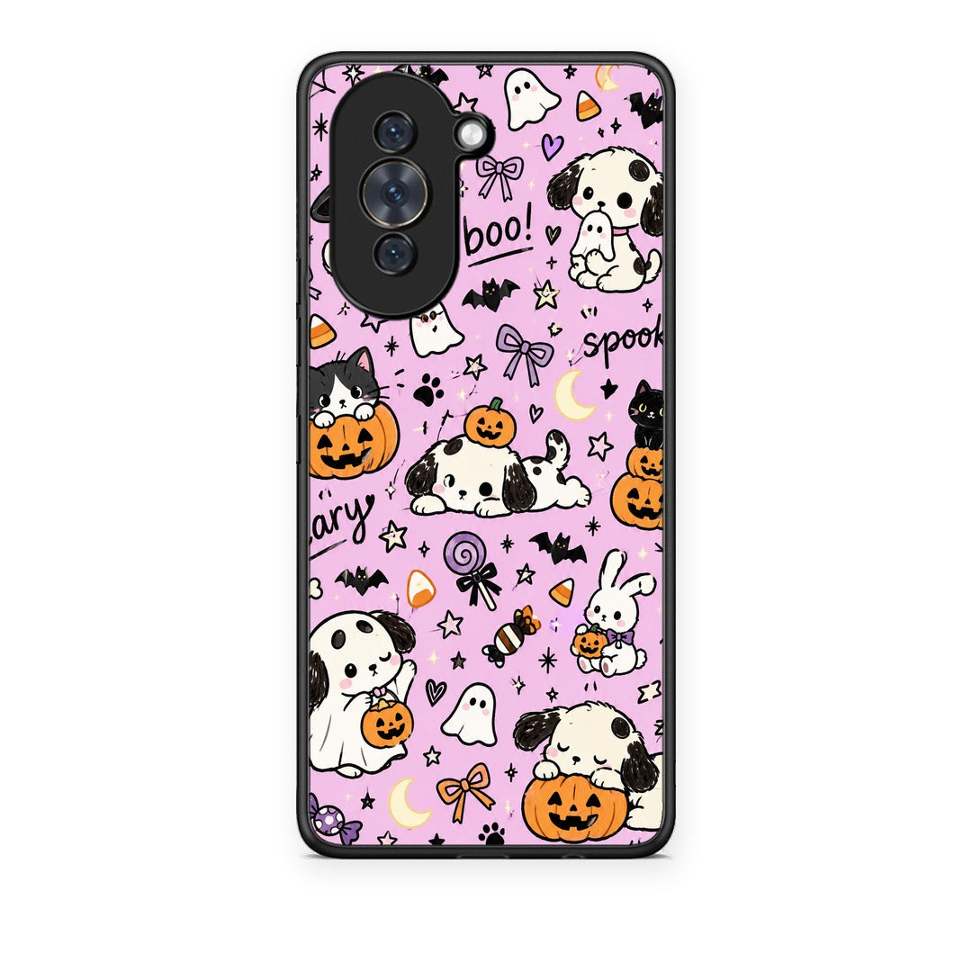 Θήκη Huawei Nova 10 Halloween Puppies and Friends on Lilac από τη Smartfits με σχέδιο στο πίσω μέρος και μαύρο περίβλημα | Huawei Nova 10 Halloween Puppies and Friends on Lilac case with colorful back and black bezels