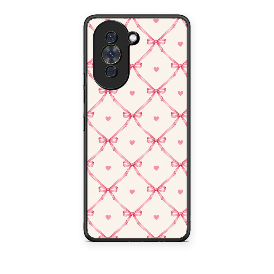 Θήκη Huawei Nova 10 Pink Bow Lattice and Hearts on Cream από τη Smartfits με σχέδιο στο πίσω μέρος και μαύρο περίβλημα | Huawei Nova 10 Pink Bow Lattice and Hearts on Cream case with colorful back and black bezels