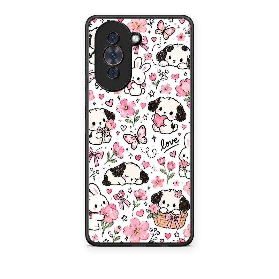 Θήκη Huawei Nova 10 Pink Florals Puppies and Bunnies on White από τη Smartfits με σχέδιο στο πίσω μέρος και μαύρο περίβλημα | Huawei Nova 10 Pink Florals Puppies and Bunnies on White case with colorful back and black bezels