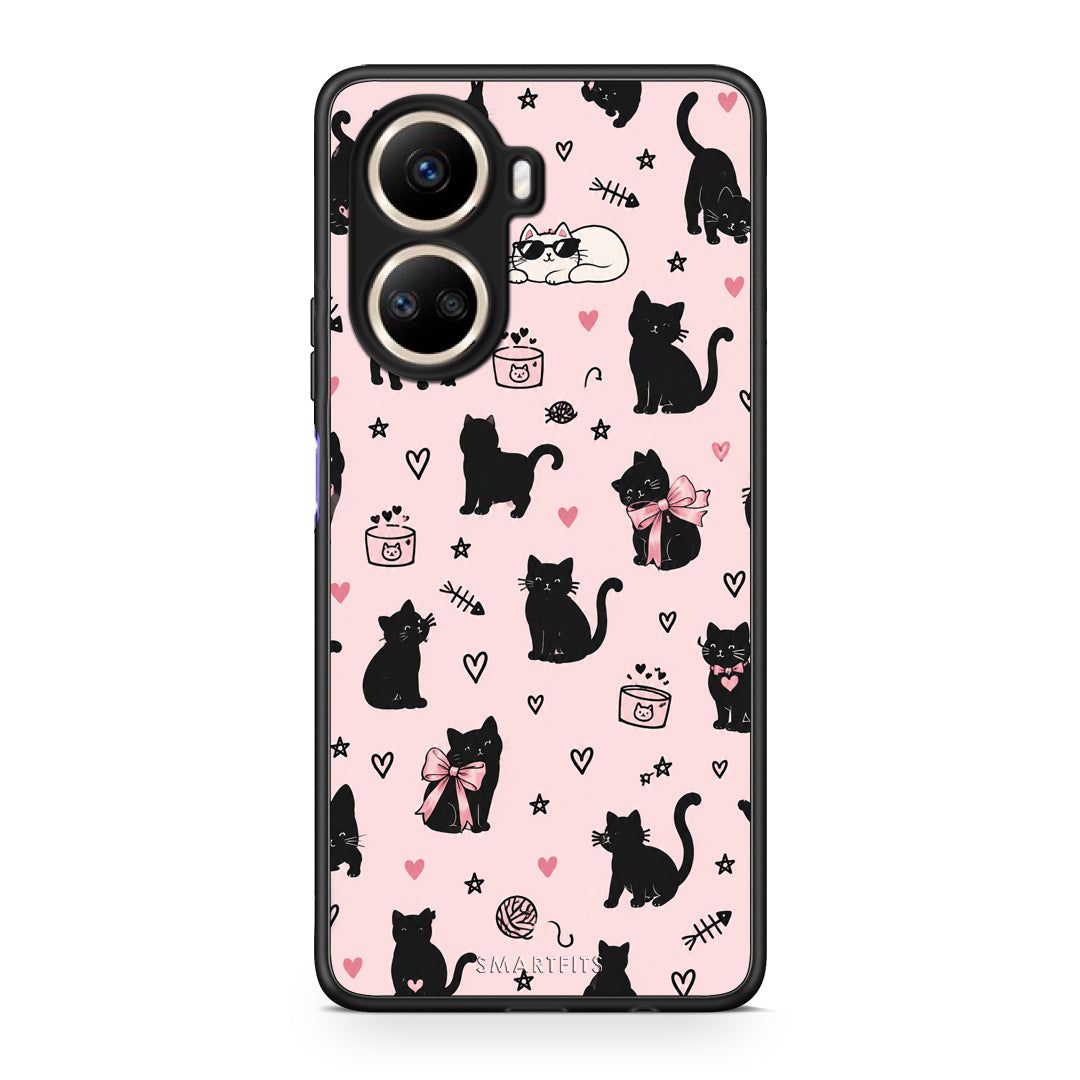 Θήκη Huawei Nova 10 SE Black Cat Doodles on Pink από τη Smartfits με σχέδιο στο πίσω μέρος και μαύρο περίβλημα | Huawei Nova 10 SE Black Cat Doodles on Pink case with colorful back and black bezels