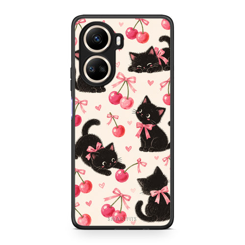 Θήκη Huawei Nova 10 SE Black Kittens and Cherries on Cream από τη Smartfits με σχέδιο στο πίσω μέρος και μαύρο περίβλημα | Huawei Nova 10 SE Black Kittens and Cherries on Cream case with colorful back and black bezels