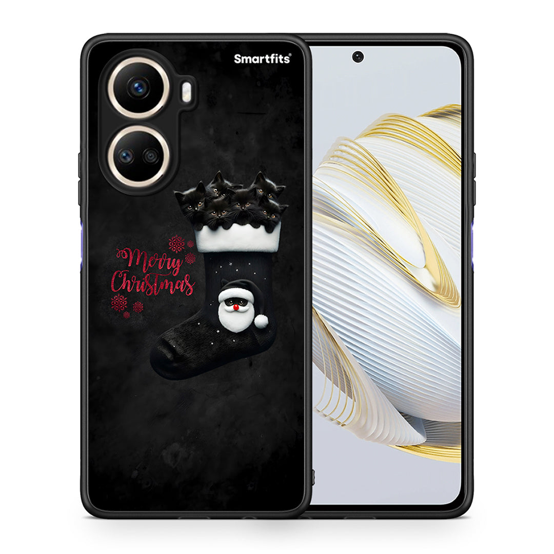 Θήκη Huawei Nova 10 SE Merry Cat Christmas από τη Smartfits με σχέδιο στο πίσω μέρος και μαύρο περίβλημα | Huawei Nova 10 SE Merry Cat Christmas Case with Colorful Back and Black Bezels