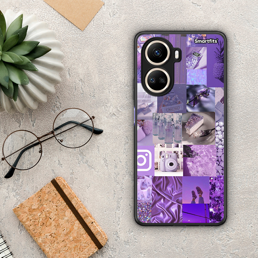 Θήκη Huawei Nova 10 SE Purple Aesthetic Collage από τη Smartfits με σχέδιο στο πίσω μέρος και μαύρο περίβλημα | Huawei Nova 10 SE Purple Aesthetic Collage Case with Colorful Back and Black Bezels