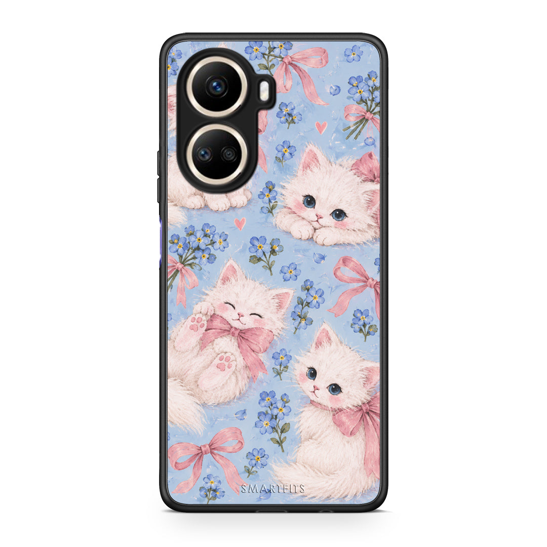 Θήκη Huawei Nova 10 SE White Kittens and Blue Flowers Large από τη Smartfits με σχέδιο στο πίσω μέρος και μαύρο περίβλημα | Huawei Nova 10 SE White Kittens and Blue Flowers Large case with colorful back and black bezels