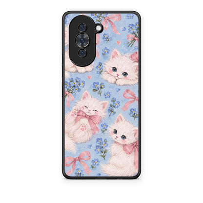 Θήκη Huawei Nova 10 White Kittens and Blue Flowers Large από τη Smartfits με σχέδιο στο πίσω μέρος και μαύρο περίβλημα | Huawei Nova 10 White Kittens and Blue Flowers Large case with colorful back and black bezels