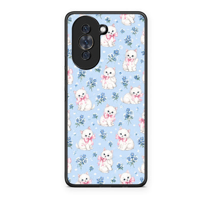 Θήκη Huawei Nova 10 White Kittens and Blue Flowers Small από τη Smartfits με σχέδιο στο πίσω μέρος και μαύρο περίβλημα | Huawei Nova 10 White Kittens and Blue Flowers Small case with colorful back and black bezels