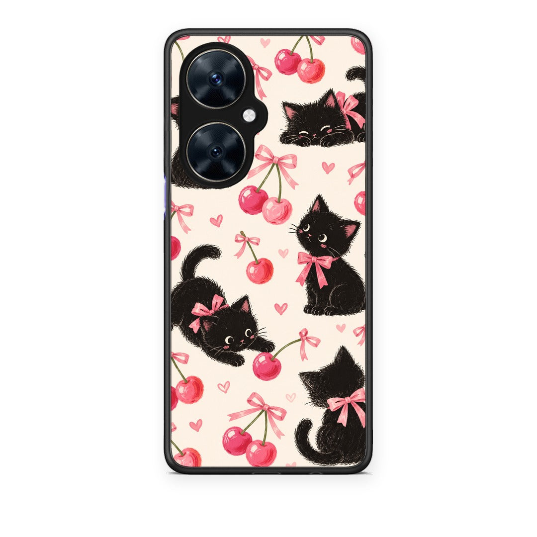 Θήκη Huawei Nova 11i Black Kittens and Cherries on Cream από τη Smartfits με σχέδιο στο πίσω μέρος και μαύρο περίβλημα | Huawei Nova 11i Black Kittens and Cherries on Cream case with colorful back and black bezels