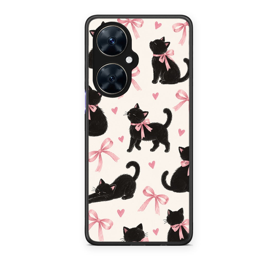 Θήκη Huawei Nova 11i Black Kittens and Pink Bows on Cream Large από τη Smartfits με σχέδιο στο πίσω μέρος και μαύρο περίβλημα | Huawei Nova 11i Black Kittens and Pink Bows on Cream Large case with colorful back and black bezels
