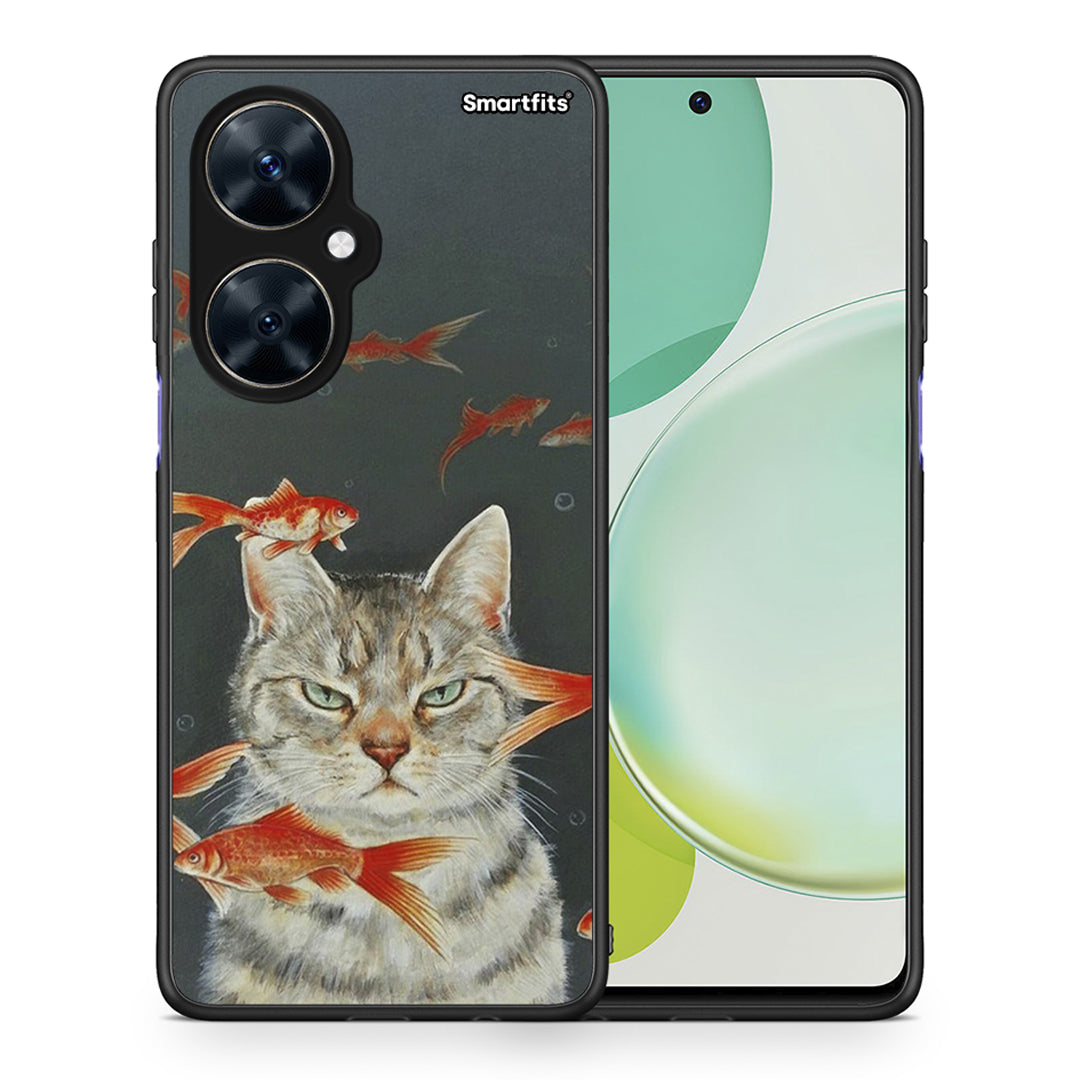 Θήκη Huawei Nova 11i Cat Goldfish από τη Smartfits με σχέδιο στο πίσω μέρος και μαύρο περίβλημα | Huawei Nova 11i Cat Goldfish case with colorful back and black bezels