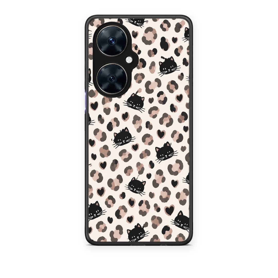Θήκη Huawei Nova 11i Leopard Spots and Black Cats on Cream από τη Smartfits με σχέδιο στο πίσω μέρος και μαύρο περίβλημα | Huawei Nova 11i Leopard Spots and Black Cats on Cream case with colorful back and black bezels
