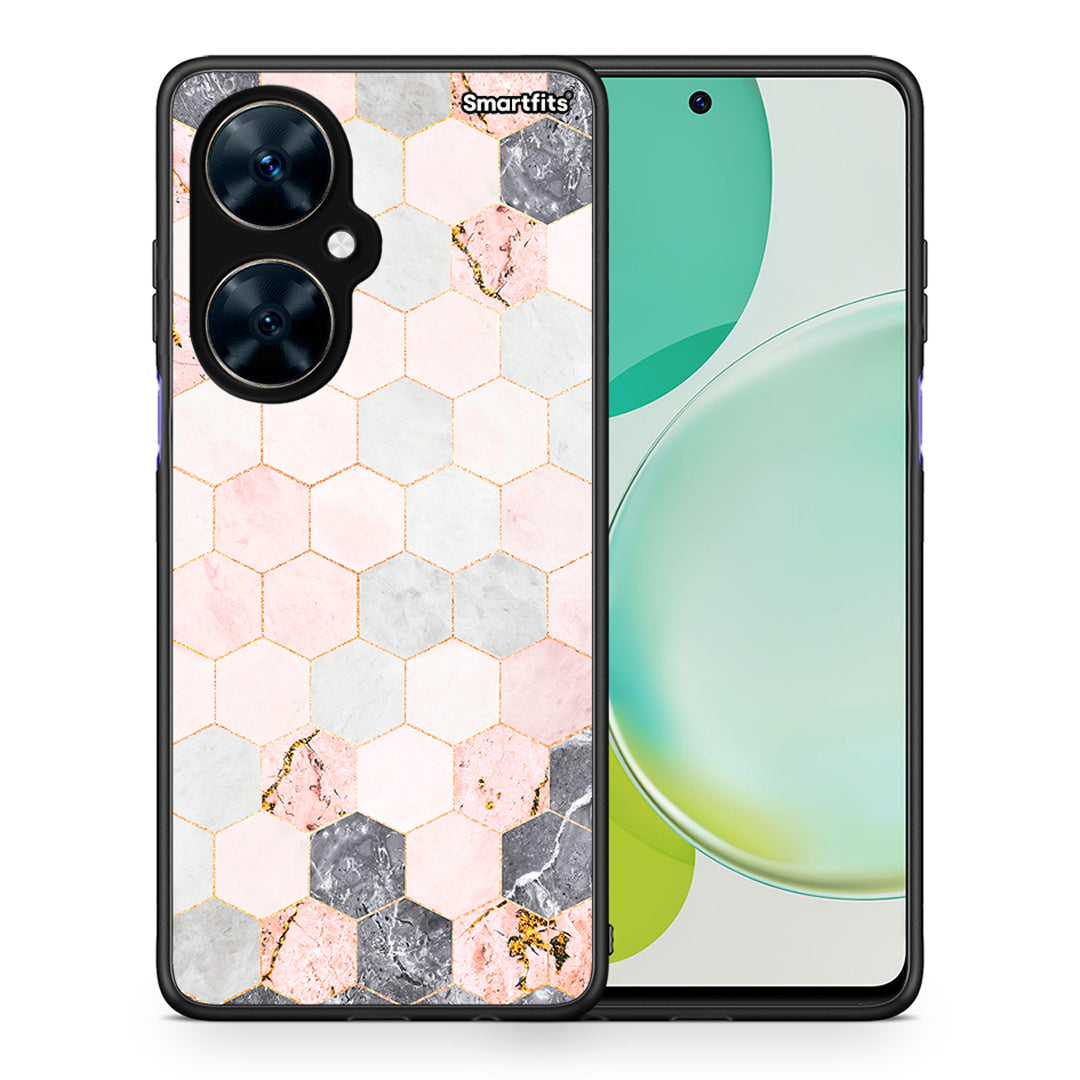 Θήκη Huawei Nova 11i Hexagon Pink Marble από τη Smartfits με σχέδιο στο πίσω μέρος και μαύρο περίβλημα | Huawei Nova 11i Hexagon Pink Marble case with colorful back and black bezels