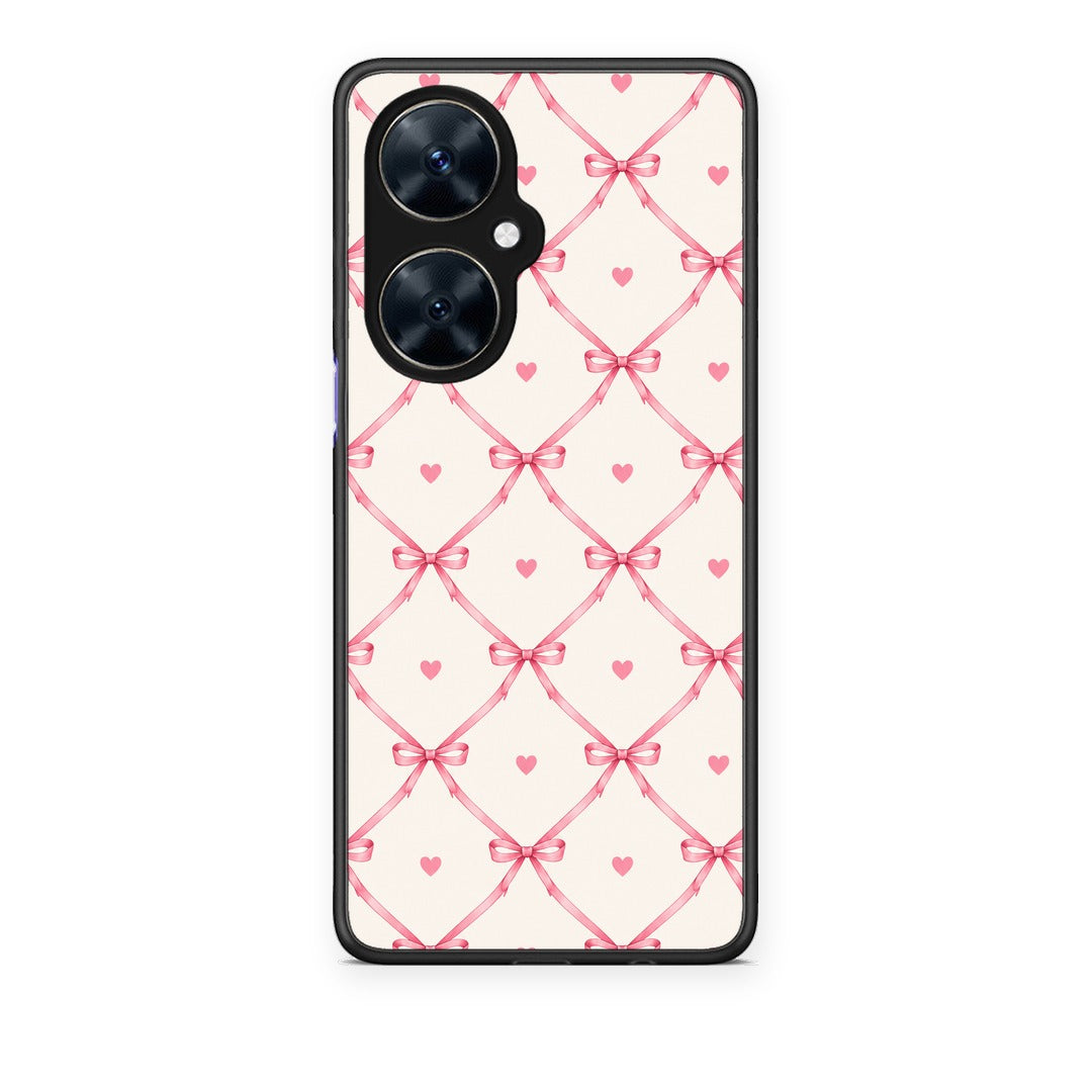 Θήκη Huawei Nova 11i Pink Bow Lattice and Hearts on Cream από τη Smartfits με σχέδιο στο πίσω μέρος και μαύρο περίβλημα | Huawei Nova 11i Pink Bow Lattice and Hearts on Cream case with colorful back and black bezels