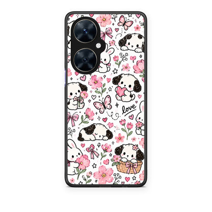 Θήκη Huawei Nova 11i Pink Florals Puppies and Bunnies on White από τη Smartfits με σχέδιο στο πίσω μέρος και μαύρο περίβλημα | Huawei Nova 11i Pink Florals Puppies and Bunnies on White case with colorful back and black bezels