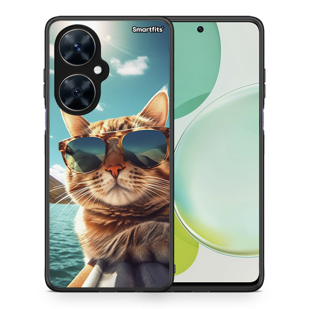 Θήκη Huawei Nova 11i Summer Cat από τη Smartfits με σχέδιο στο πίσω μέρος και μαύρο περίβλημα | Huawei Nova 11i Summer Cat case with colorful back and black bezels