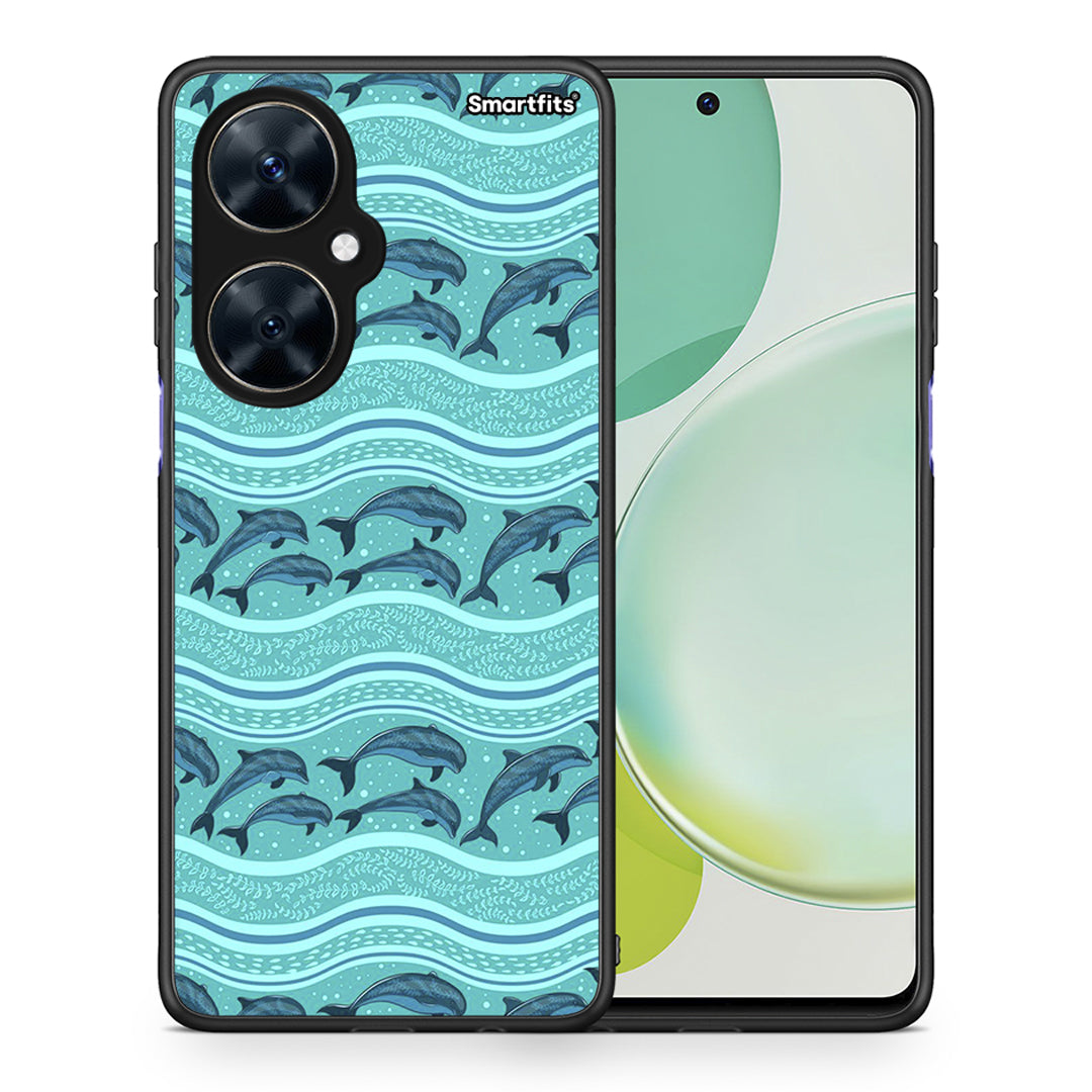 Θήκη Huawei Nova 11i Swimming Dolphins από τη Smartfits με σχέδιο στο πίσω μέρος και μαύρο περίβλημα | Huawei Nova 11i Swimming Dolphins case with colorful back and black bezels
