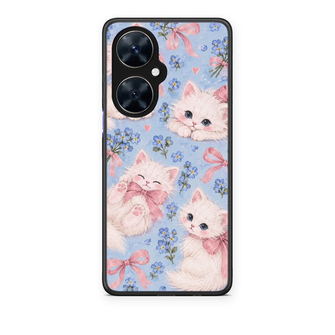 Θήκη Huawei Nova 11i White Kittens and Blue Flowers Large από τη Smartfits με σχέδιο στο πίσω μέρος και μαύρο περίβλημα | Huawei Nova 11i White Kittens and Blue Flowers Large case with colorful back and black bezels