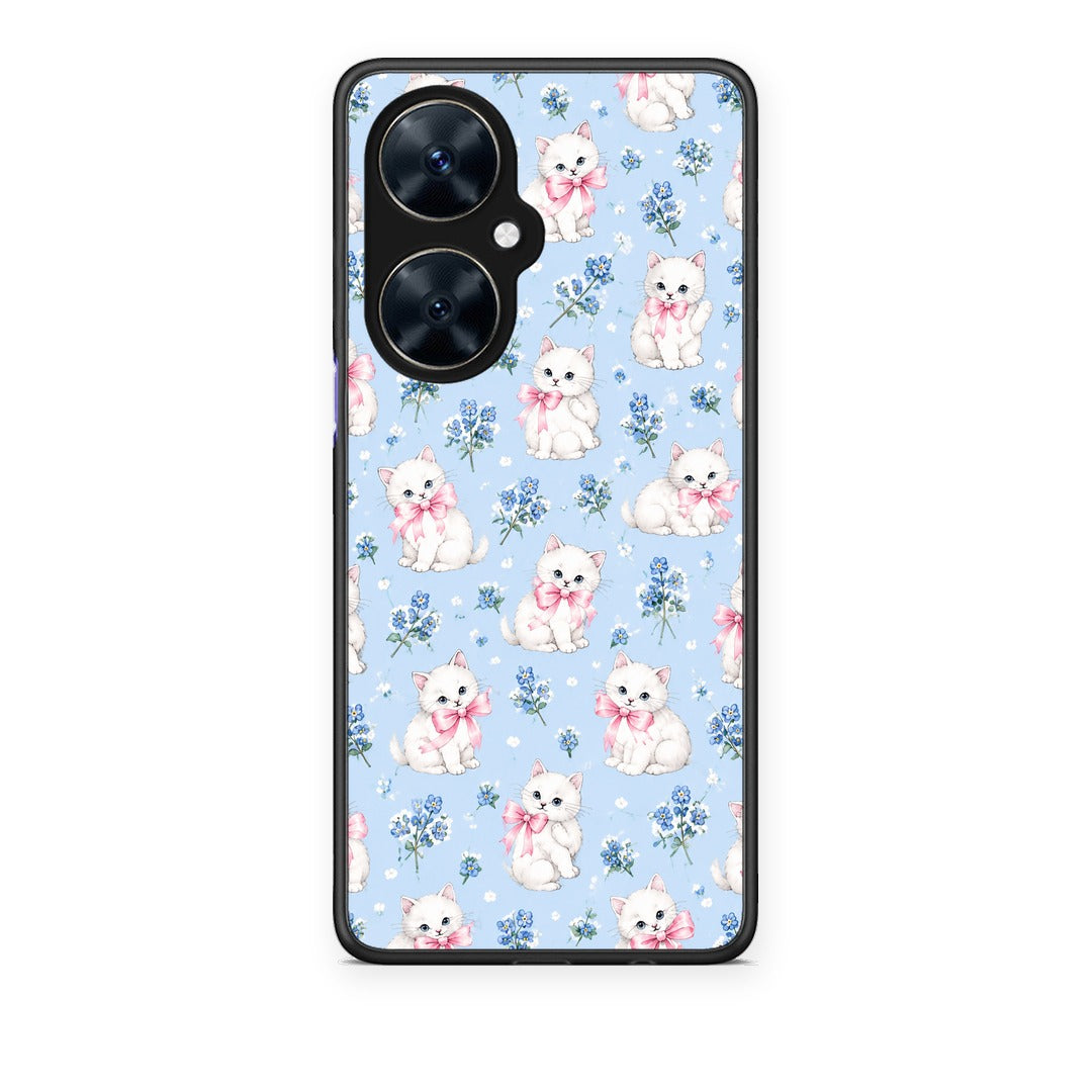 Θήκη Huawei Nova 11i White Kittens and Blue Flowers Small από τη Smartfits με σχέδιο στο πίσω μέρος και μαύρο περίβλημα | Huawei Nova 11i White Kittens and Blue Flowers Small case with colorful back and black bezels