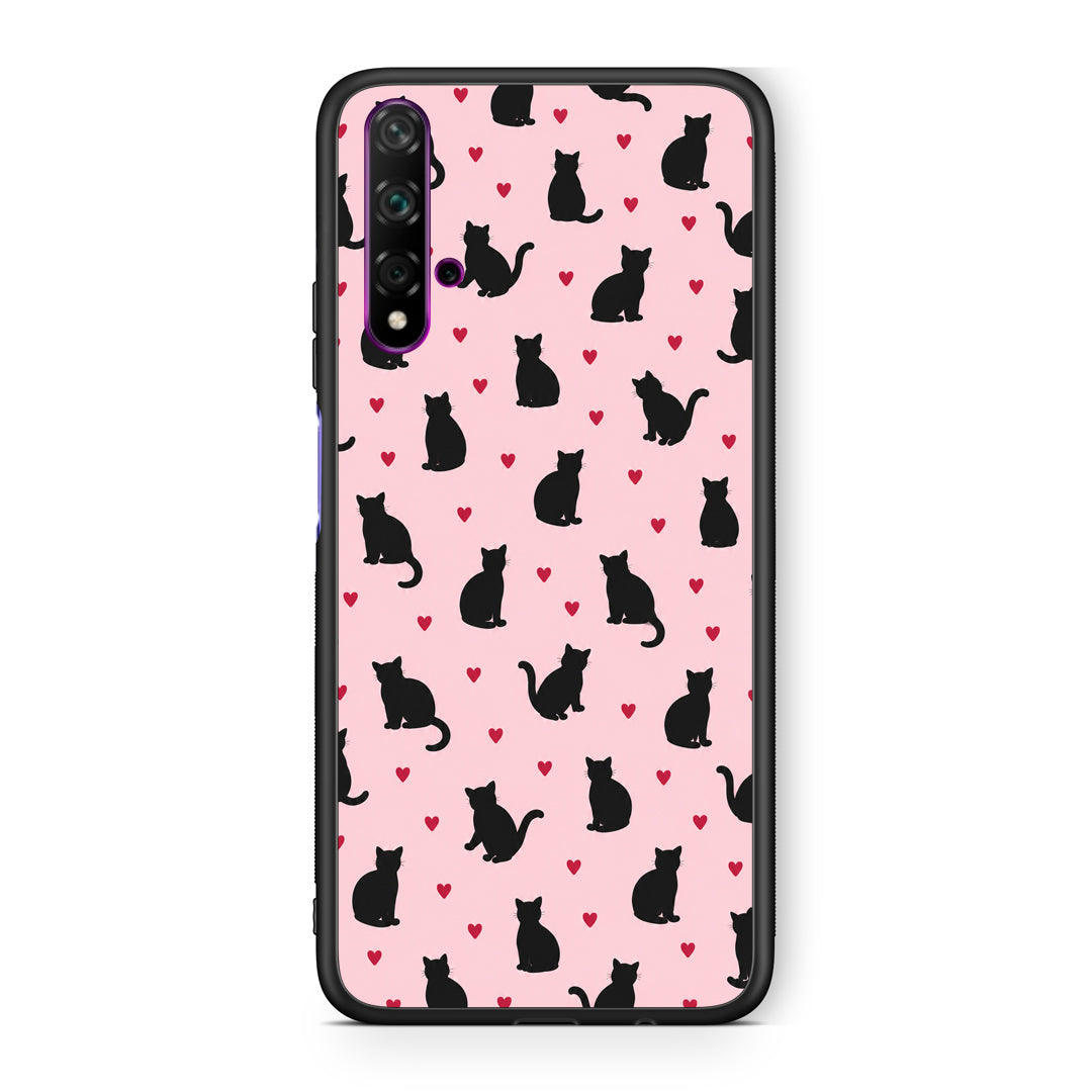 Θήκη Huawei Nova 5T / Honor 20 Black Cat Silhouettes and Hearts on Pink από τη Smartfits με σχέδιο στο πίσω μέρος και μαύρο περίβλημα | Huawei Nova 5T / Honor 20 Black Cat Silhouettes and Hearts on Pink case with colorful back and black bezels