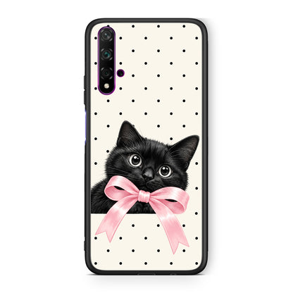 Θήκη Huawei Nova 5T / Honor 20 Black Kitten Pink Bow and Polka Dots από τη Smartfits με σχέδιο στο πίσω μέρος και μαύρο περίβλημα | Huawei Nova 5T / Honor 20 Black Kitten Pink Bow and Polka Dots case with colorful back and black bezels