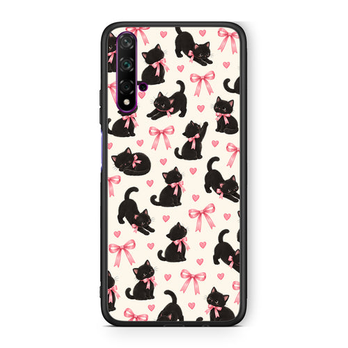 Θήκη Huawei Nova 5T / Honor 20 Black Kittens and Pink Bows on Cream Small από τη Smartfits με σχέδιο στο πίσω μέρος και μαύρο περίβλημα | Huawei Nova 5T / Honor 20 Black Kittens and Pink Bows on Cream Small case with colorful back and black bezels