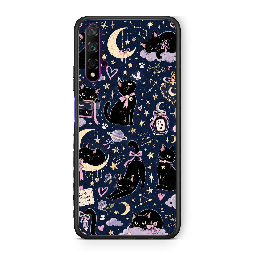 Θήκη Huawei Nova 5T / Honor 20 Celestial Black Cats on Navy από τη Smartfits με σχέδιο στο πίσω μέρος και μαύρο περίβλημα | Huawei Nova 5T / Honor 20 Celestial Black Cats on Navy case with colorful back and black bezels
