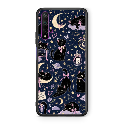 Θήκη Huawei Nova 5T / Honor 20 Celestial Black Cats on Navy από τη Smartfits με σχέδιο στο πίσω μέρος και μαύρο περίβλημα | Huawei Nova 5T / Honor 20 Celestial Black Cats on Navy case with colorful back and black bezels