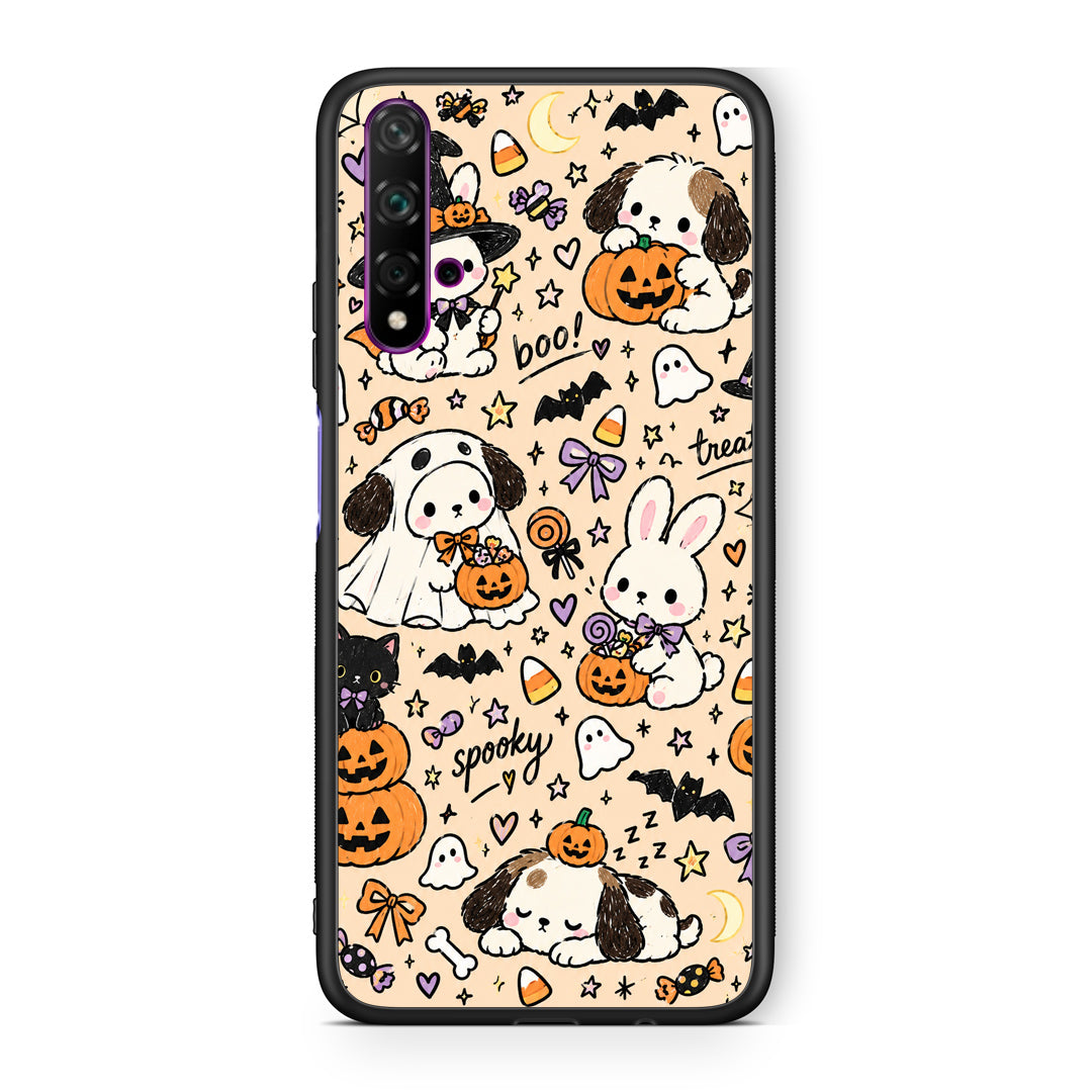 Θήκη Huawei Nova 5T / Honor 20 Halloween Puppies and Friends on Cream από τη Smartfits με σχέδιο στο πίσω μέρος και μαύρο περίβλημα | Huawei Nova 5T / Honor 20 Halloween Puppies and Friends on Cream case with colorful back and black bezels