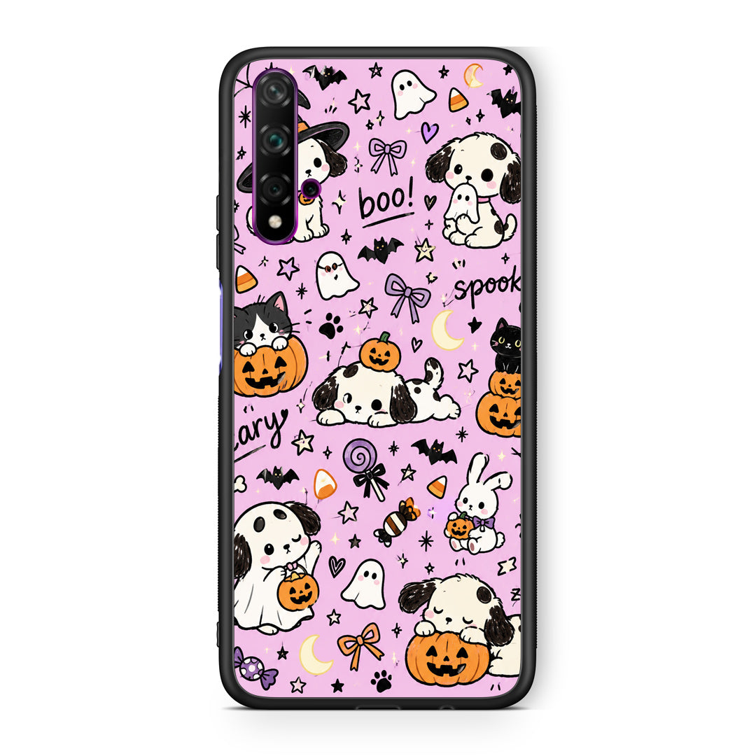 Θήκη Huawei Nova 5T / Honor 20 Halloween Puppies and Friends on Lilac από τη Smartfits με σχέδιο στο πίσω μέρος και μαύρο περίβλημα | Huawei Nova 5T / Honor 20 Halloween Puppies and Friends on Lilac case with colorful back and black bezels