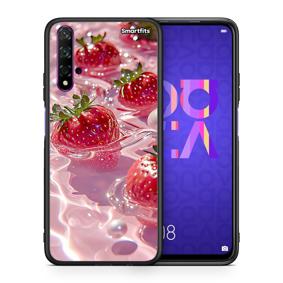 Θήκη Huawei Nova 5T/Honor 20 Juicy Strawberries από τη Smartfits με σχέδιο στο πίσω μέρος και μαύρο περίβλημα | Huawei Nova 5T/Honor 20 Juicy Strawberries case with colorful back and black bezels