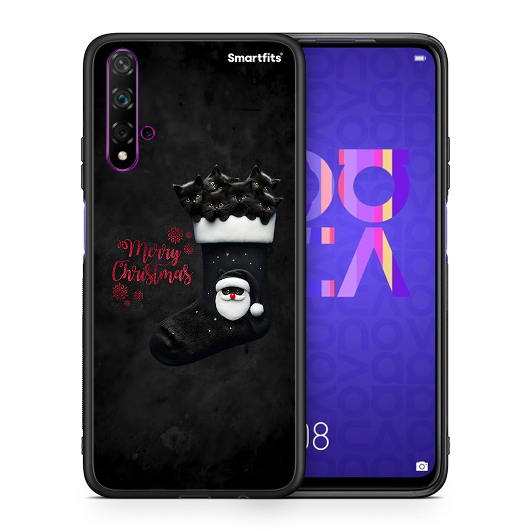 Θήκη Huawei Nova 5T/Honor 20 Merry Cat Christmas από τη Smartfits με σχέδιο στο πίσω μέρος και μαύρο περίβλημα | Huawei Nova 5T/Honor 20 Merry Cat Christmas case with colorful back and black bezels