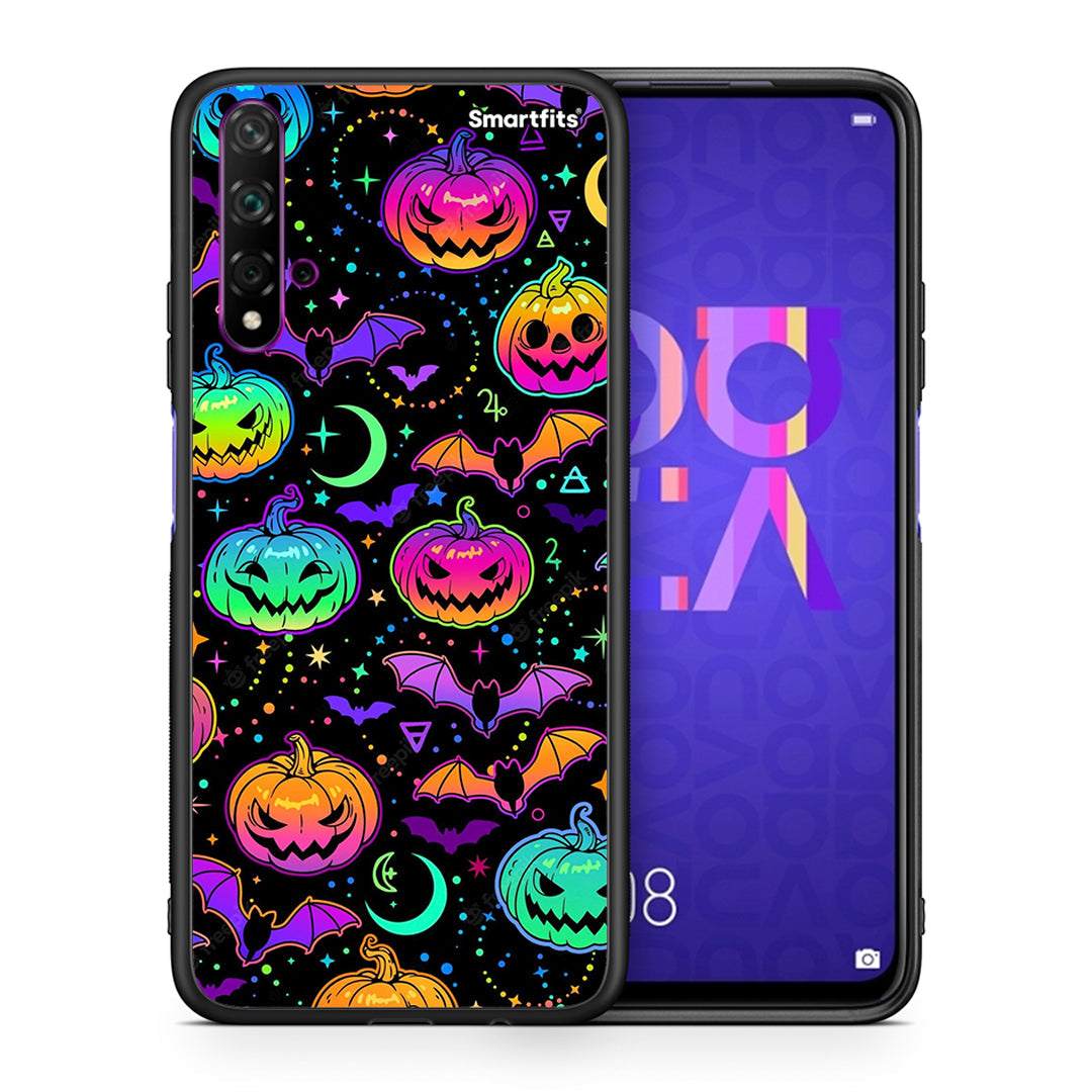 Θήκη Huawei Nova 5T/Honor 20 Neon Halloween από τη Smartfits με σχέδιο στο πίσω μέρος και μαύρο περίβλημα | Huawei Nova 5T/Honor 20 Neon Halloween case with colorful back and black bezels