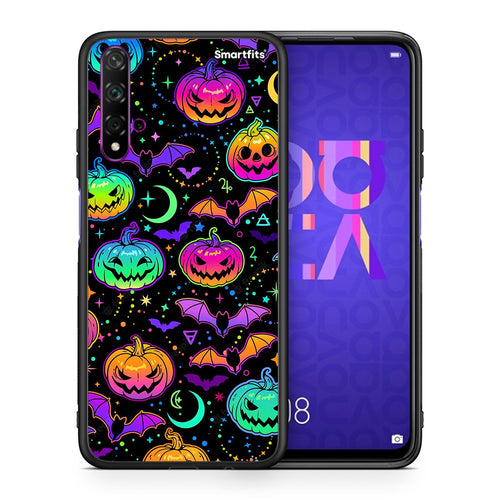 Θήκη Huawei Nova 5T/Honor 20 Neon Halloween από τη Smartfits με σχέδιο στο πίσω μέρος και μαύρο περίβλημα | Huawei Nova 5T/Honor 20 Neon Halloween case with colorful back and black bezels