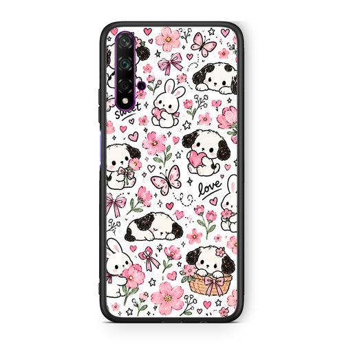 Θήκη Huawei Nova 5T / Honor 20 Pink Florals Puppies and Bunnies on White από τη Smartfits με σχέδιο στο πίσω μέρος και μαύρο περίβλημα | Huawei Nova 5T / Honor 20 Pink Florals Puppies and Bunnies on White case with colorful back and black bezels