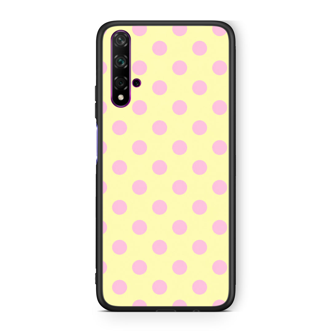 Θήκη Huawei Nova 5T / Honor 20 Pink Polka Dots on Yellow από τη Smartfits με σχέδιο στο πίσω μέρος και μαύρο περίβλημα | Huawei Nova 5T / Honor 20 Pink Polka Dots on Yellow case with colorful back and black bezels