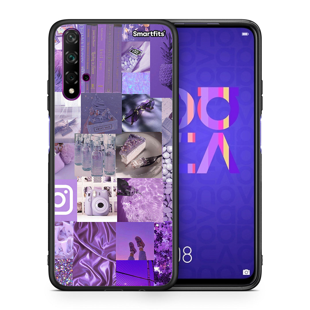 Θήκη Huawei Nova 5T/Honor 20 Purple Aesthetic Collage από τη Smartfits με σχέδιο στο πίσω μέρος και μαύρο περίβλημα | Huawei Nova 5T/Honor 20 Purple Aesthetic Collage case with colorful back and black bezels