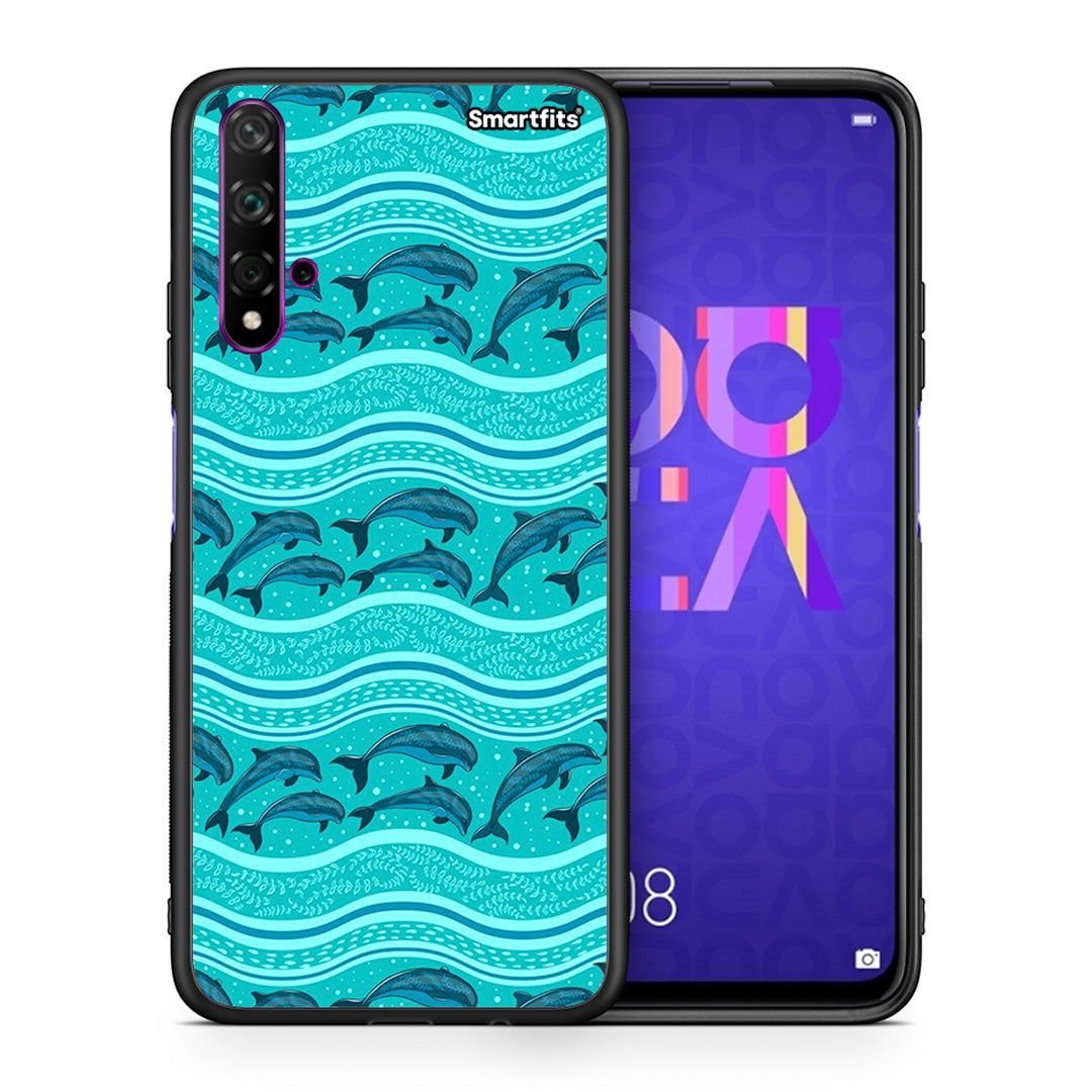 Θήκη Huawei Nova 5T/Honor 20 Swimming Dolphins από τη Smartfits με σχέδιο στο πίσω μέρος και μαύρο περίβλημα | Huawei Nova 5T/Honor 20 Swimming Dolphins case with colorful back and black bezels