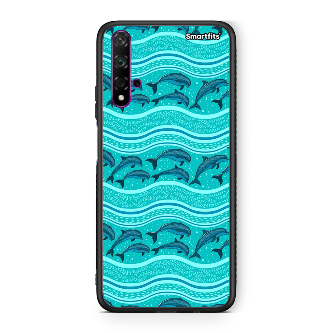 Huawei Nova 5T Swimming Dolphins θήκη από τη Smartfits με σχέδιο στο πίσω μέρος και μαύρο περίβλημα | Smartphone case with colorful back and black bezels by Smartfits