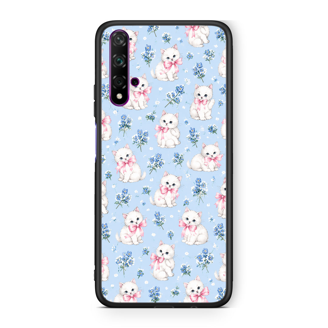 Θήκη Huawei Nova 5T / Honor 20 White Kittens and Blue Flowers Small από τη Smartfits με σχέδιο στο πίσω μέρος και μαύρο περίβλημα | Huawei Nova 5T / Honor 20 White Kittens and Blue Flowers Small case with colorful back and black bezels