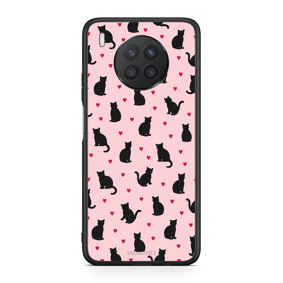 Θήκη Huawei Nova 8i / Honor 50 Lite Black Cat Silhouettes and Hearts on Pink από τη Smartfits με σχέδιο στο πίσω μέρος και μαύρο περίβλημα | Huawei Nova 8i / Honor 50 Lite Black Cat Silhouettes and Hearts on Pink case with colorful back and black bezels