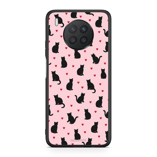 Θήκη Huawei Nova 8i / Honor 50 Lite Black Cat Silhouettes and Hearts on Pink από τη Smartfits με σχέδιο στο πίσω μέρος και μαύρο περίβλημα | Huawei Nova 8i / Honor 50 Lite Black Cat Silhouettes and Hearts on Pink case with colorful back and black bezels