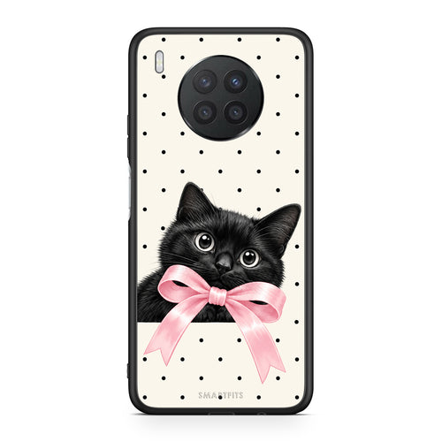 Θήκη Huawei Nova 8i / Honor 50 Lite Black Kitten Pink Bow and Polka Dots από τη Smartfits με σχέδιο στο πίσω μέρος και μαύρο περίβλημα | Huawei Nova 8i / Honor 50 Lite Black Kitten Pink Bow and Polka Dots case with colorful back and black bezels
