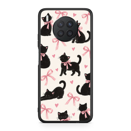 Θήκη Huawei Nova 8i / Honor 50 Lite Black Kittens and Pink Bows on Cream Large από τη Smartfits με σχέδιο στο πίσω μέρος και μαύρο περίβλημα | Huawei Nova 8i / Honor 50 Lite Black Kittens and Pink Bows on Cream Large case with colorful back and black bezels