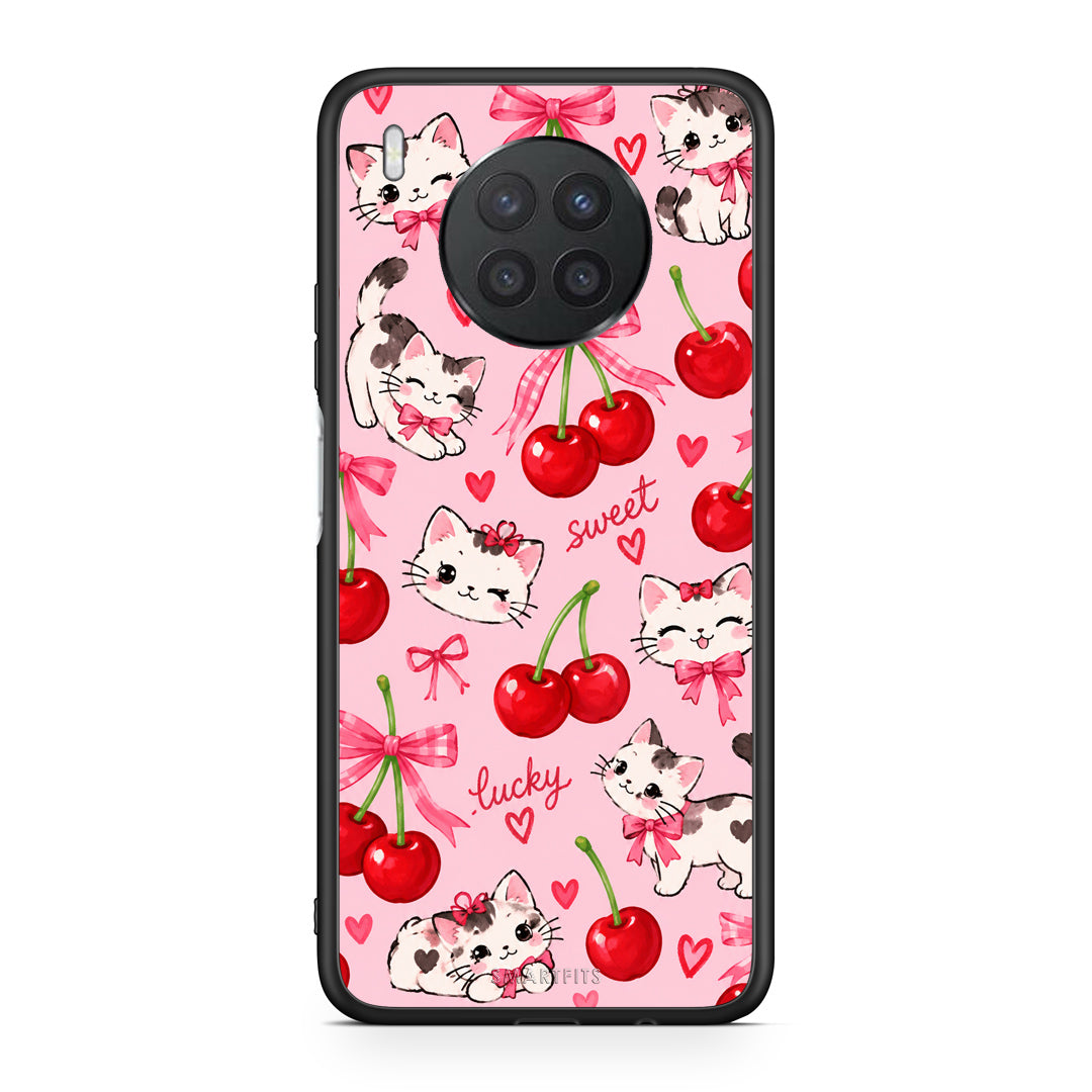 Θήκη Huawei Nova 8i / Honor 50 Lite Cherries Bows and Kittens on Pink από τη Smartfits με σχέδιο στο πίσω μέρος και μαύρο περίβλημα | Huawei Nova 8i / Honor 50 Lite Cherries Bows and Kittens on Pink case with colorful back and black bezels