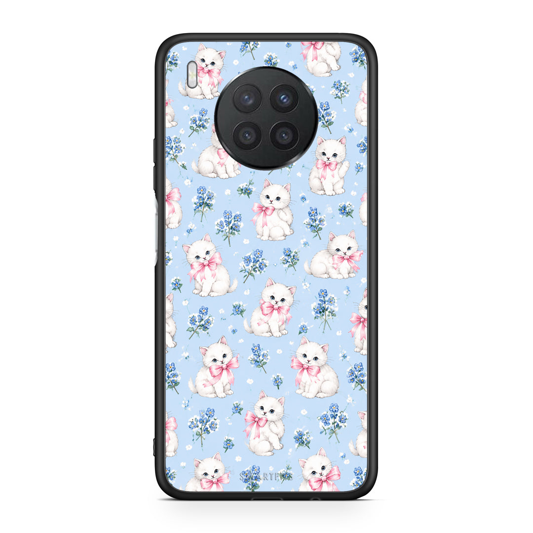 Θήκη Huawei Nova 8i / Honor 50 Lite White Kittens and Blue Flowers Small από τη Smartfits με σχέδιο στο πίσω μέρος και μαύρο περίβλημα | Huawei Nova 8i / Honor 50 Lite White Kittens and Blue Flowers Small case with colorful back and black bezels