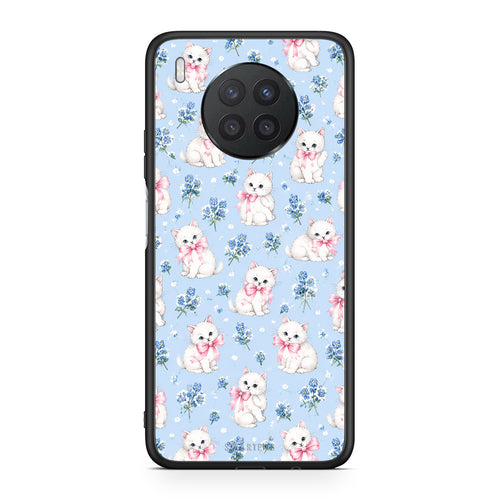Θήκη Huawei Nova 8i / Honor 50 Lite White Kittens and Blue Flowers Small από τη Smartfits με σχέδιο στο πίσω μέρος και μαύρο περίβλημα | Huawei Nova 8i / Honor 50 Lite White Kittens and Blue Flowers Small case with colorful back and black bezels