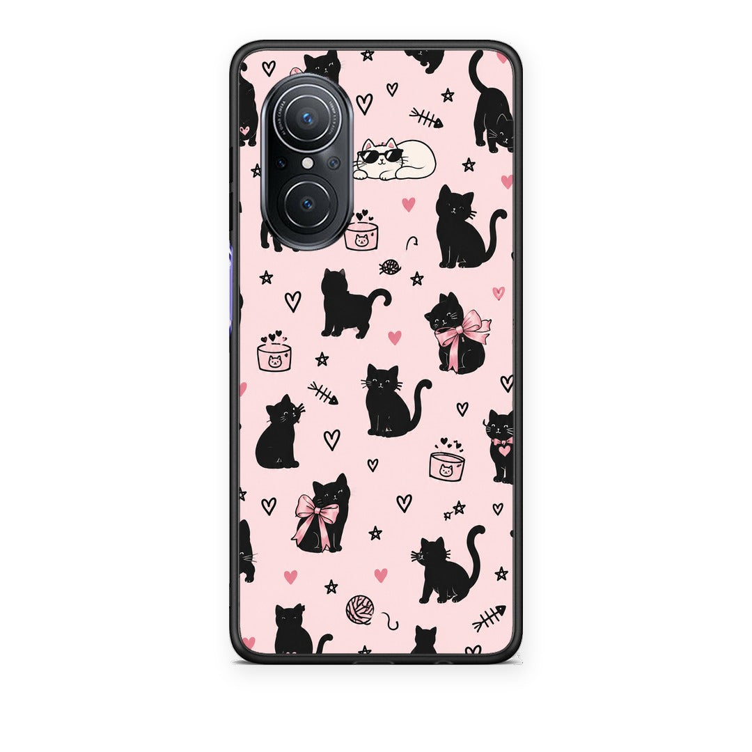 Θήκη Huawei Nova 9 SE Black Cat Doodles on Pink από τη Smartfits με σχέδιο στο πίσω μέρος και μαύρο περίβλημα | Huawei Nova 9 SE Black Cat Doodles on Pink case with colorful back and black bezels