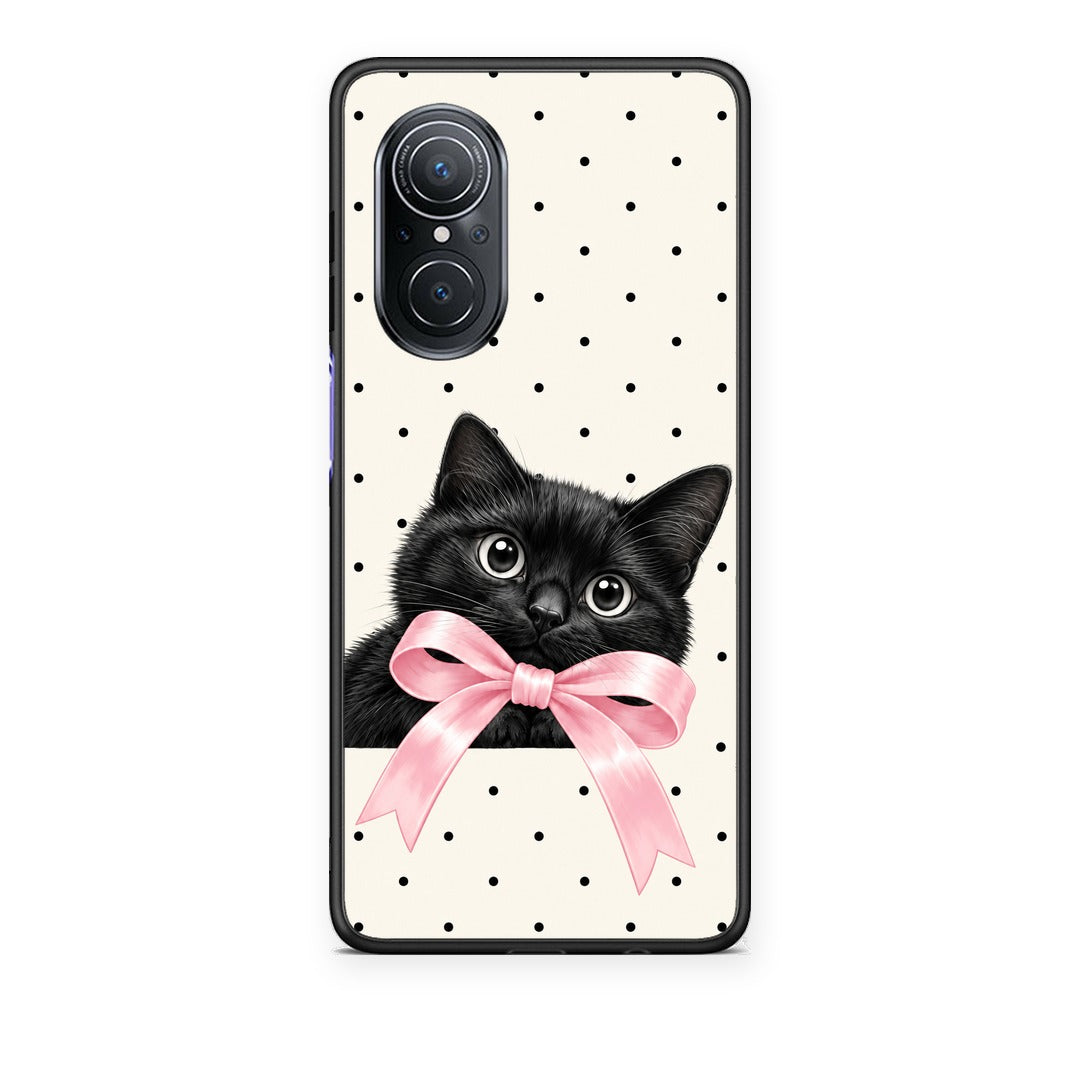 Θήκη Huawei Nova 9 SE Black Kitten Pink Bow and Polka Dots από τη Smartfits με σχέδιο στο πίσω μέρος και μαύρο περίβλημα | Huawei Nova 9 SE Black Kitten Pink Bow and Polka Dots case with colorful back and black bezels