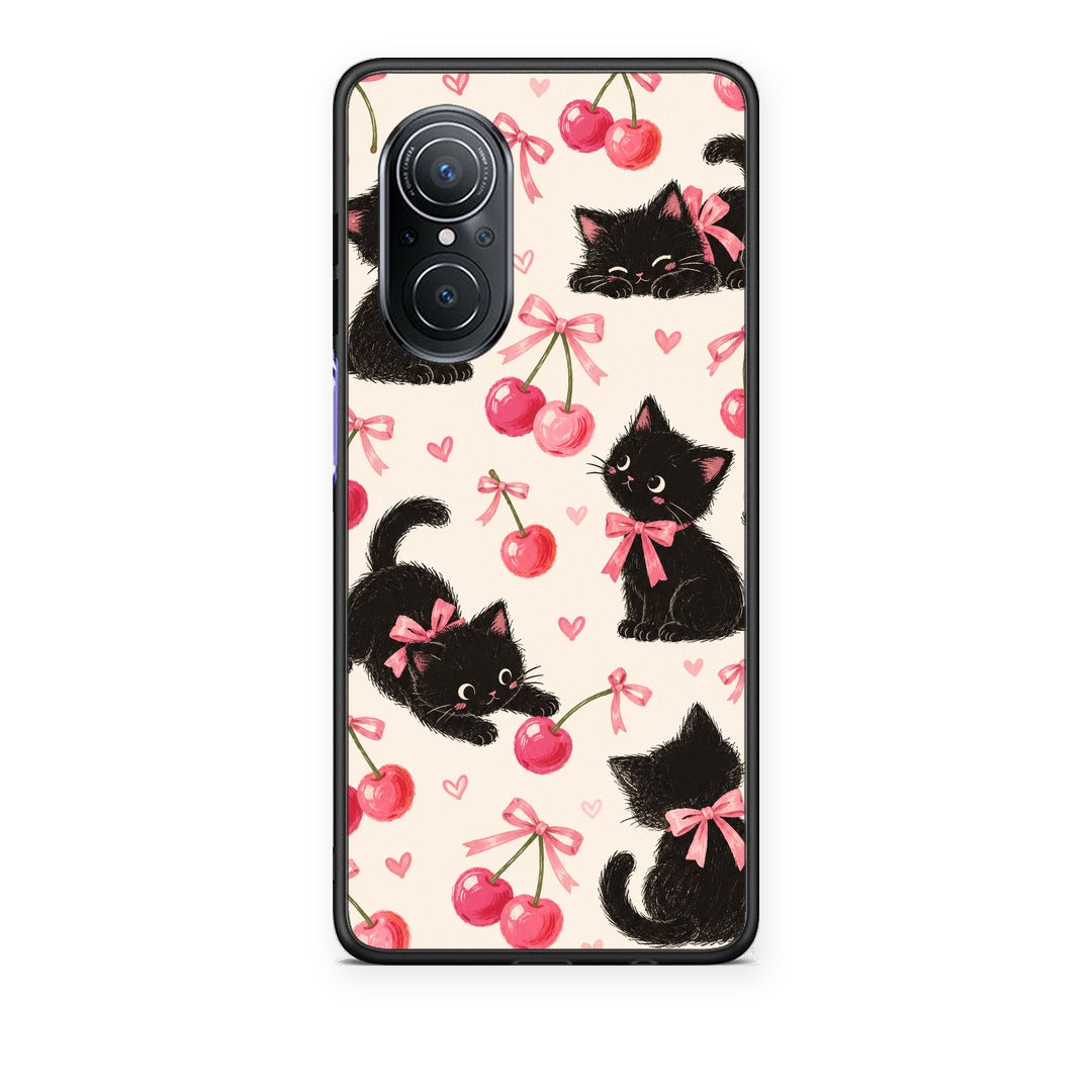 Θήκη Huawei Nova 9 SE Black Kittens and Cherries on Cream από τη Smartfits με σχέδιο στο πίσω μέρος και μαύρο περίβλημα | Huawei Nova 9 SE Black Kittens and Cherries on Cream case with colorful back and black bezels