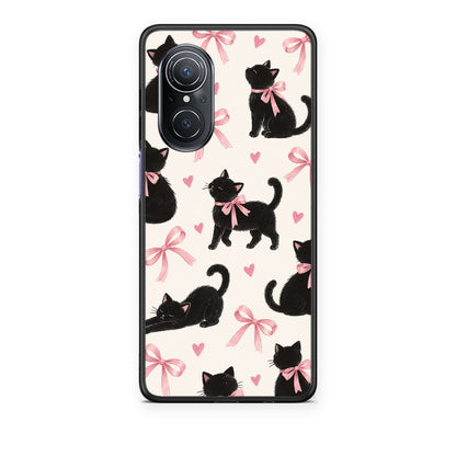 Θήκη Huawei Nova 9 SE Black Kittens and Pink Bows on Cream Large από τη Smartfits με σχέδιο στο πίσω μέρος και μαύρο περίβλημα | Huawei Nova 9 SE Black Kittens and Pink Bows on Cream Large case with colorful back and black bezels
